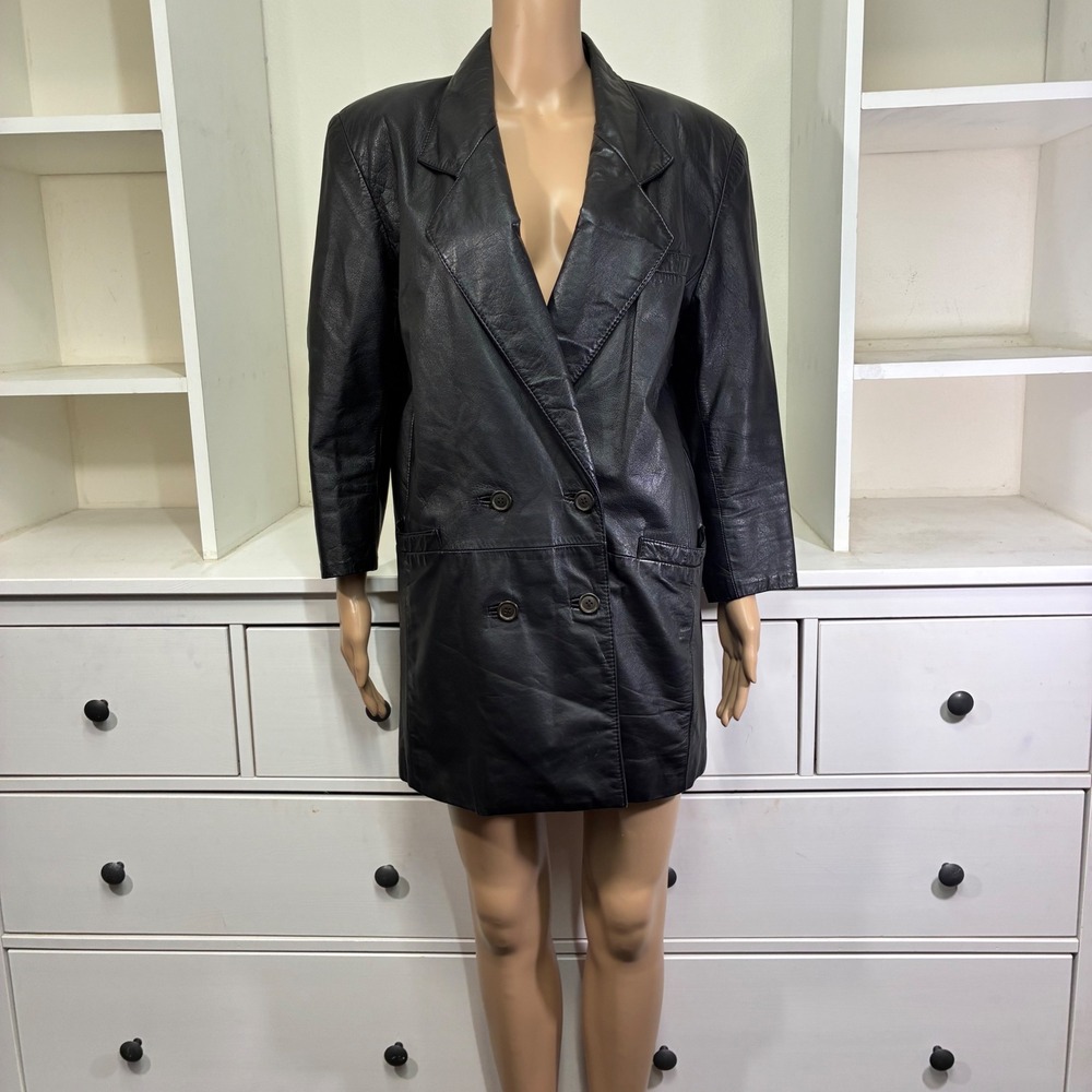Ricardo Lenzi Vintage Black‎ Leather Double Breasted Blazer Jacket Size 8 90s